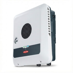 Fronius Symo GEN24 4.0 – 10.0 Wechselrichter, abgebildet aus einem leichten Winkel, sodass die rechte Seite sichtbar ist, auf weißem Hintergrund.