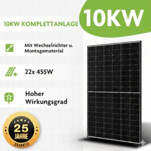 10 kWp PV Anlage: Solar-Komplettanlage mit Wechselrichter & Montagematerial, abgebildet aus einem leichten Winkel, sodass die rechte Seite sichtbar ist, auf weißem Hintergrund.