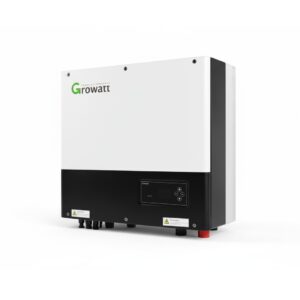 Growatt SPH Hybrid-Wechselrichter, abgebildet aus einem leichten Winkel, sodass die rechte Seite sichtbar ist, auf weißem Hintergrund.