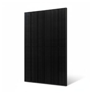 SUNTECH Solarmodul Fullblack, abgebildet aus einem leichten Winkel, sodass die rechte Seite sichtbar ist, auf weißem Hintergrund.