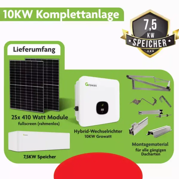Komplettanlage 10KW mit Speicher (7,5KW) und Montagematerial