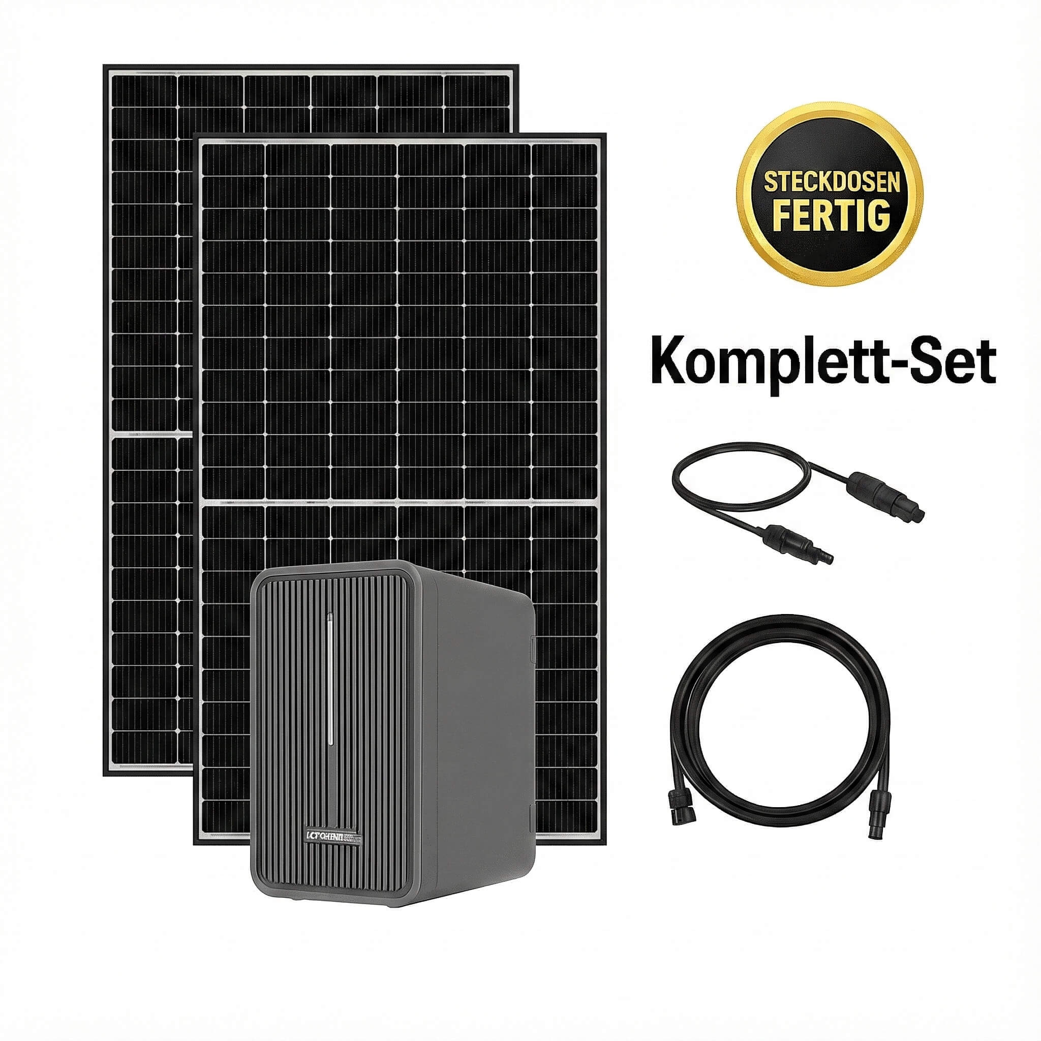 Balkonkraftwerk 900 Watt mit WLAN mit 2,24 kWh Speicher Marstek Komplettset 1 910 Wp mit 2,24 kWh Speicher Balkonkraftwerk WLAN Marstek Komplettset, abgebildet aus einem leichten Winkel, sodass die rechte Seite sichtbar ist, auf weißem Hintergrund.