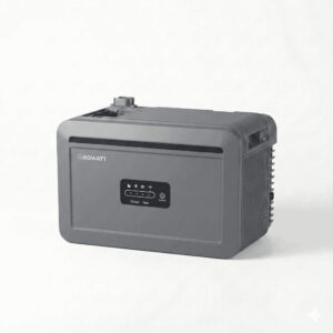 Growatt NEXA 2000 All-in-One Speicher 2 kWh, abgebildet aus einem leichten Winkel, sodass die rechte Seite sichtbar ist, auf weißem Hintergrund.
