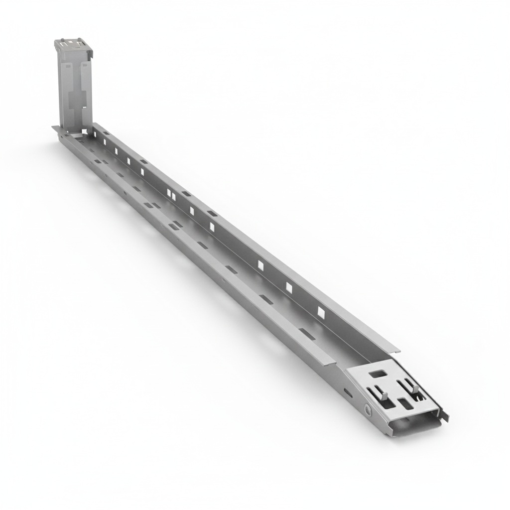 SL Rack Schiene Fast Flat 1H 120cm 1 SL Rack Schiene, abgebildet aus einem leichten Winkel, sodass die rechte Seite sichtbar ist, auf weißem Hintergrund.