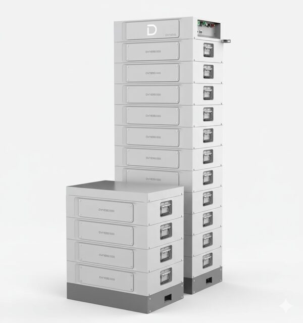 Dyness Stack100 – Modularer Hochvolt-Batteriespeicher, abgebildet aus einem leichten Winkel auf weißem Hintergrund.