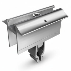Montagematerial Mittelklemme silber, abgebildet aus einem leichten Winkel auf weißem Hintergrund.