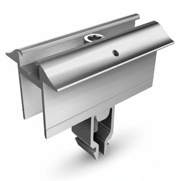 Montagematerial Mittelklemme silber, abgebildet aus einem leichten Winkel auf weißem Hintergrund.