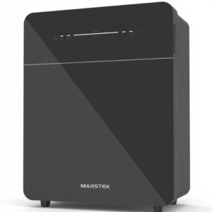 Marstek Venus E 3.0 5,12 kWh Speicher, abgebildet aus einem leichten Winkel auf weißem Hintergrund.