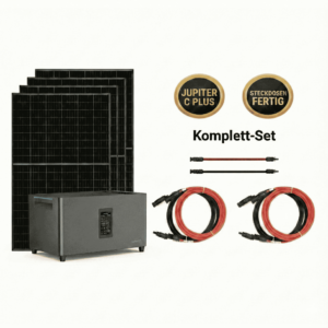 1720Wp Balkonkraftwerk mit 2,56kWh Speicher Marstek Jupiter C Plus inklsuive Kabel und Wechselruchter abgebildet.