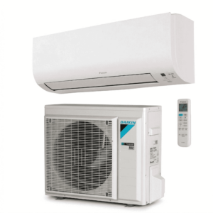 Daikin Comfora FTXPN Klimagerät Heizgerät mit WLAN, sodass die rechte Seite sichtbar ist, auf weißem Hintergrund.