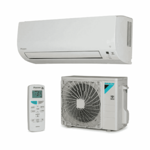 Daikin Sensira TXF F Klimagerät Heizgerät mit WLAN, sodass die rechte Seite sichtbar ist, auf weißem Hintergrund.