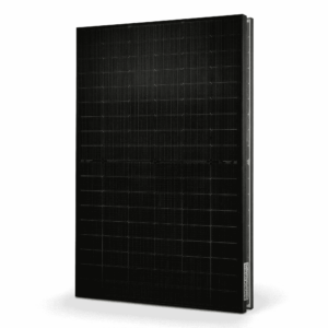 SUNTECH 435 Watt fullblack bifazial Doppelglas Solarmodul, sodass die rechte Seite sichtbar ist, auf weißem Hintergrund.