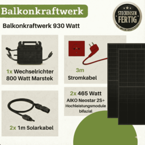 930 Wp Balkonkraftwerk AIKO Premium Neostar 2S+ Full Black Glas-Glas WLAN Komplettset, sodass die rechte Seite sichtbar ist, auf weißem Hintergrund.