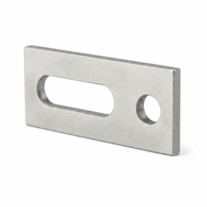 Adapterplatte für Stockschraube M10, sodass die rechte Seite sichtbar ist, auf weißem Hintergrund.