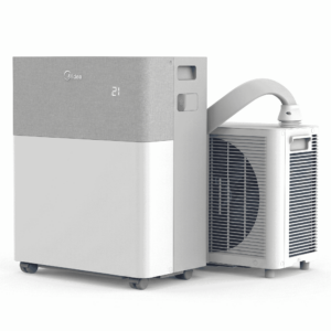 Midea PortaSplit Cool Mobile Split-Klimaanlage – 2,35 kW / 8.000 BTU, ohne feste Installation, A++, sodass die rechte Seite sichtbar ist, auf weißem Hintergrund.