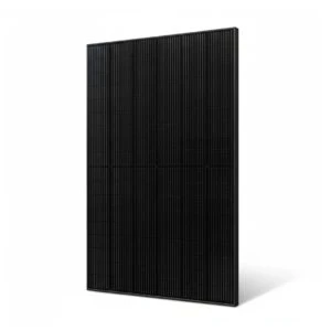 SUNTECH Solarmodul Fullblack, abgebildet aus einem leichten Winkel, sodass die rechte Seite sichtbar ist, auf weißem Hintergrund.