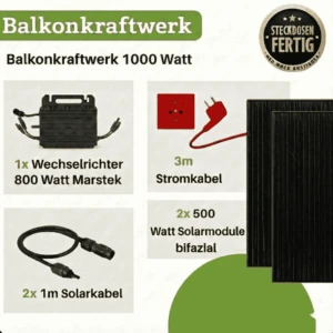 1000 Wp Balkonkraftwerk bifaziale fullblack Glas-Glas Module WLAN Komplettset, sodass die rechte Seite sichtbar ist, auf weißem Hintergrund.