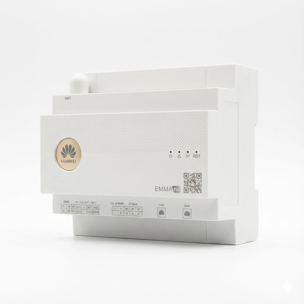 Huawei Emma A02 Energy Management Assistant, abgebildet aus einem leichten Winkel, sodass die rechte Seite sichtbar ist, auf weißem Hintergrund.