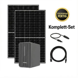 910 Wp mit 2,24 kWh Speicher Balkonkraftwerk WLAN Marstek Komplettset, abgebildet aus einem leichten Winkel, sodass die rechte Seite sichtbar ist, auf weißem Hintergrund.