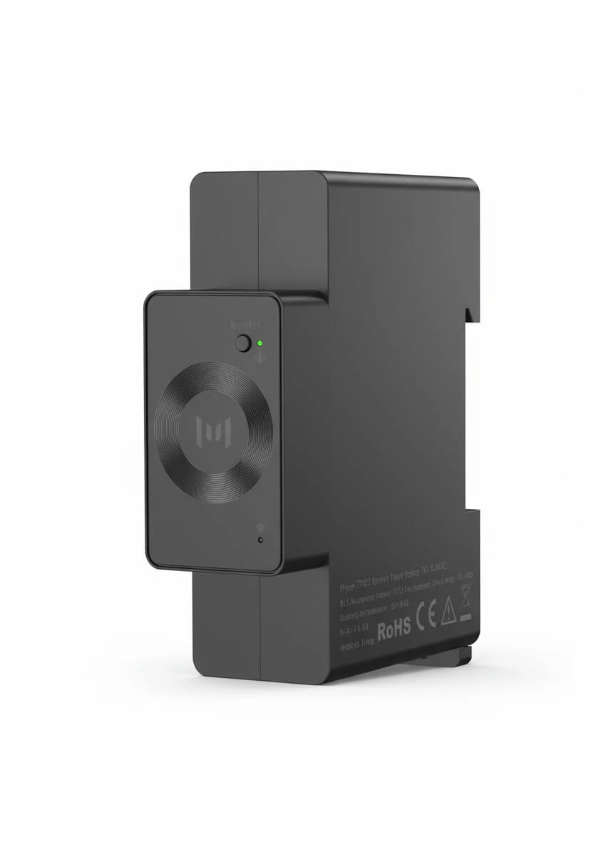 Marstek CT002 Smart Meter, abgebildet aus einem leichten Winkel, sodass die rechte Seite sichtbar ist, auf weißem Hintergrund.